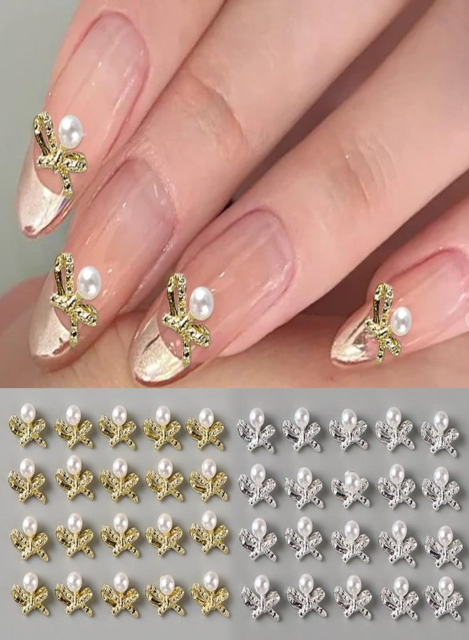 CJDLTS Bow with Pearl Nail Art Accessories Mix Stereo Matel Nails Decoration 30 Pcs Gold & Silver Sweet Bow with Pearl Nail Supplies Suitable Women Daily Manicure Decoration - Image 1